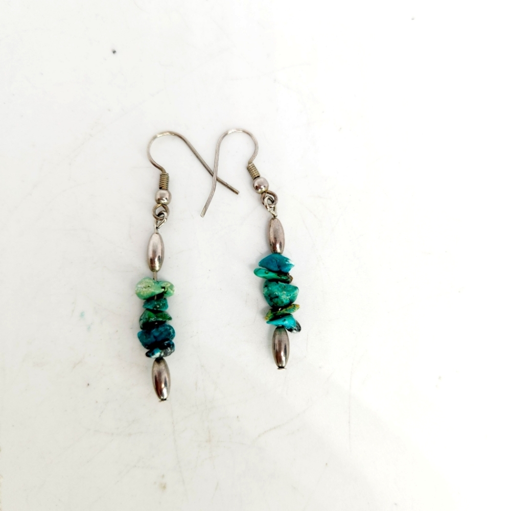 Turquoise Silver Tone Vintage Bench Bead Nugget Stack Southwest Dangle Earrings
